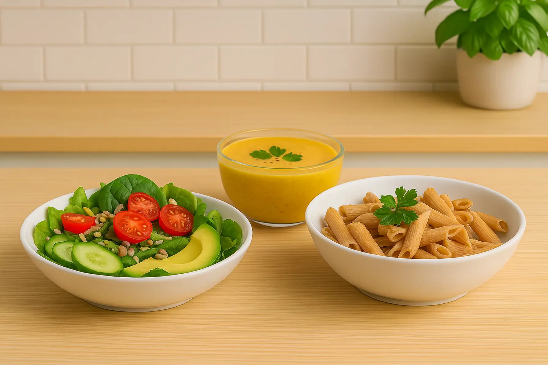 Forskellige diabetesvenlige retter som salat, suppe og fuldkornsretter serveret i et lyst køkken