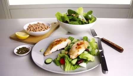 Bagte kyllingefileter med grøn salat og bønner