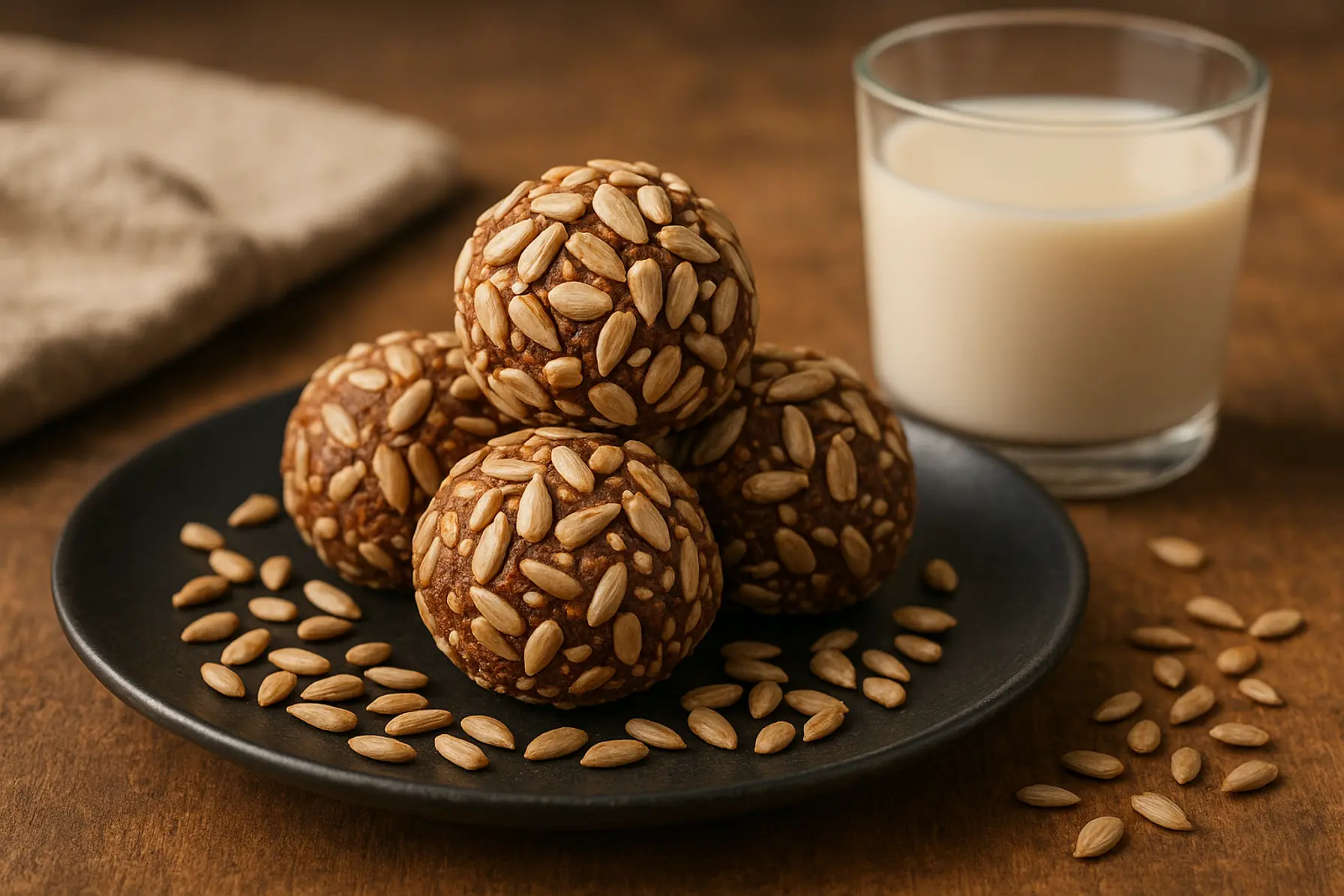 Blodsukkerstabil tahin-kakaokugle med solsikkefrø