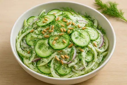 Blodsukkervenlig agurk- og fennikelsalat med dild og solsikkekerner
