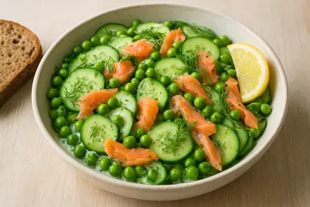 Blodsukkervenlig agurke- og ærtesalat med røget laks og citron