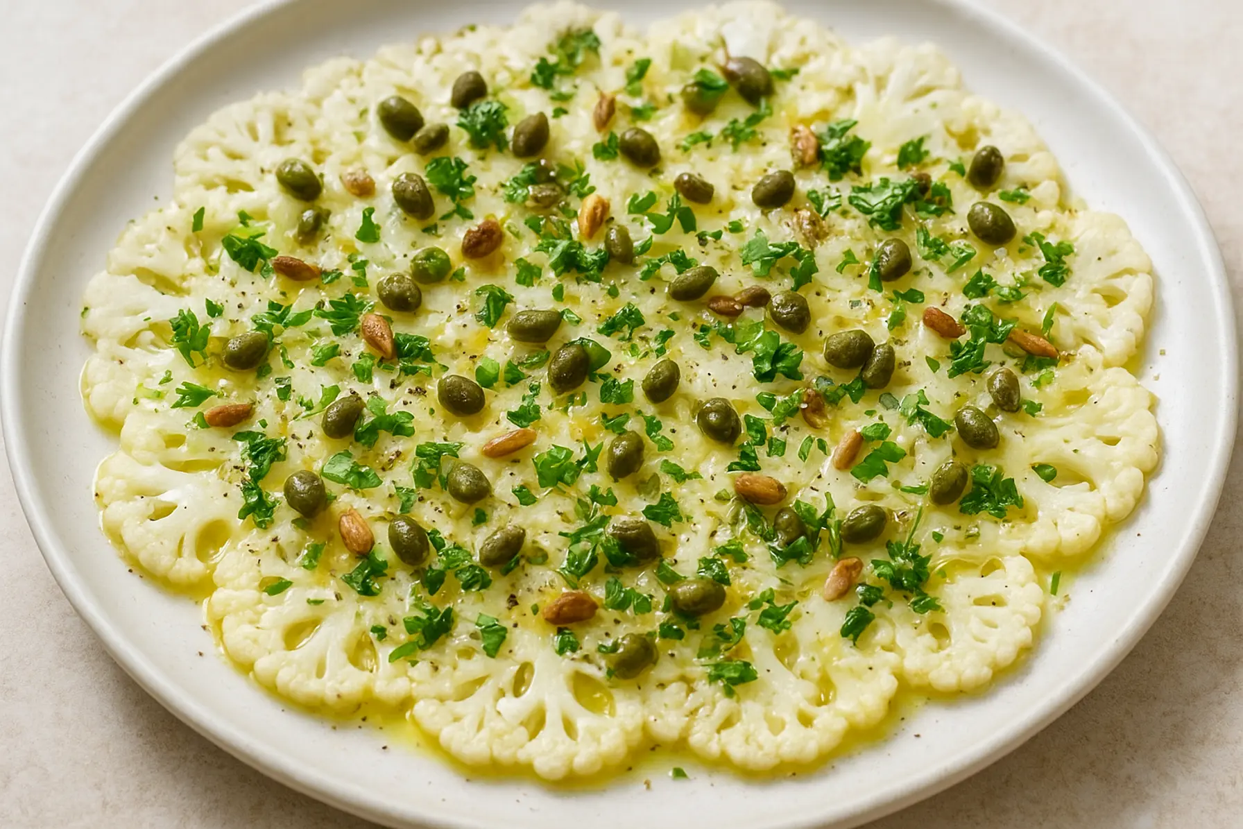 Blodsukkervenlig blomkålscarpaccio med kapers og persille