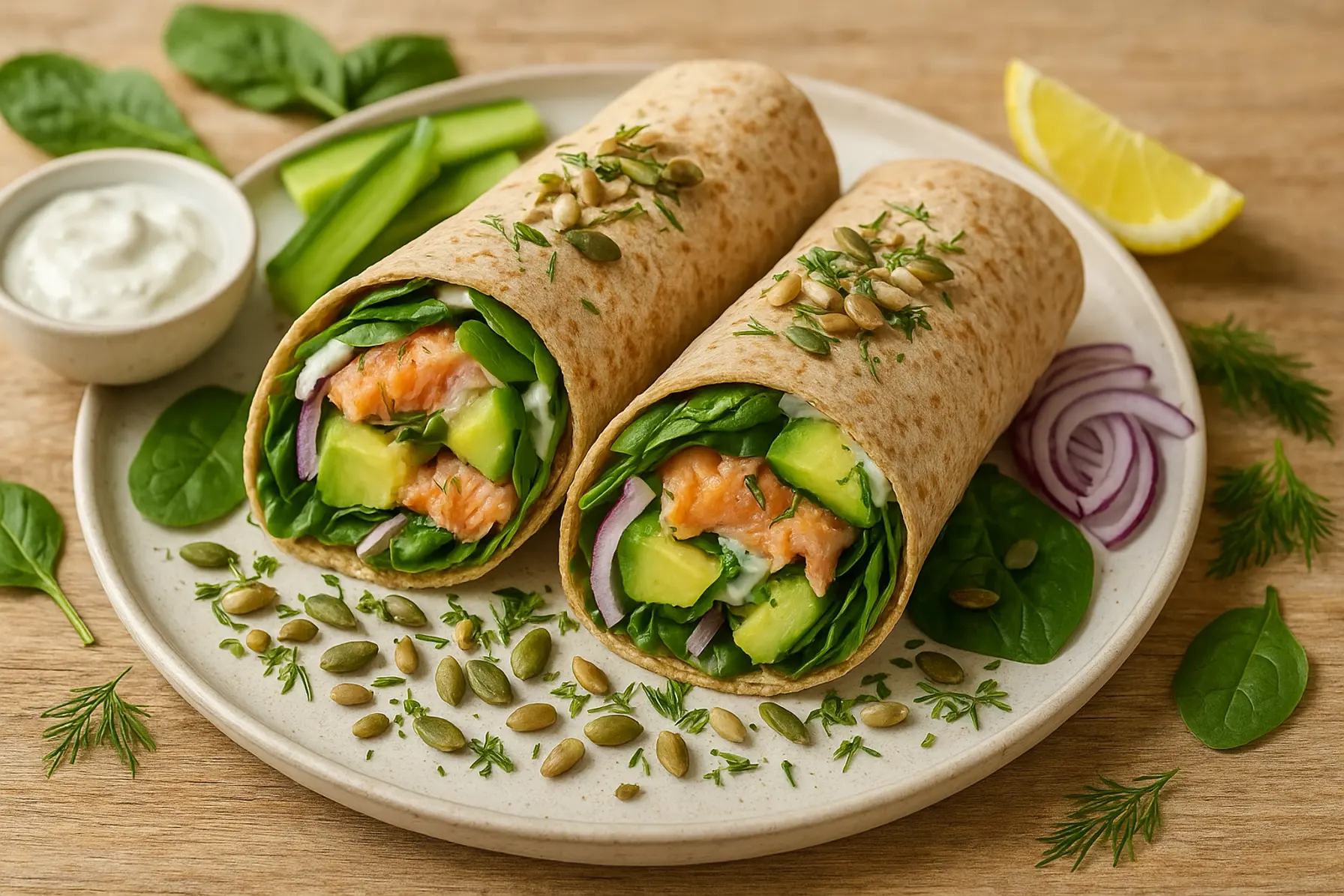 Blodsukkervenlig fuldkornswrap med laks og avocado