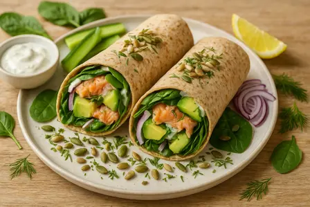 Blodsukkervenlig fuldkornswrap med laks og avocado