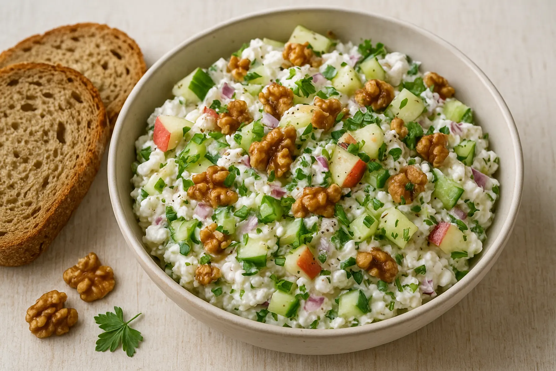 Blodsukkervenlig hytteostsalat med æble og valnødder