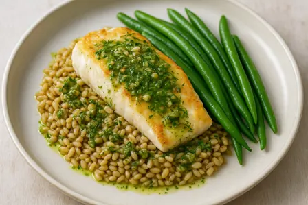 Blodsukkervenlig torsk med dildvinaigrette og bygkerner