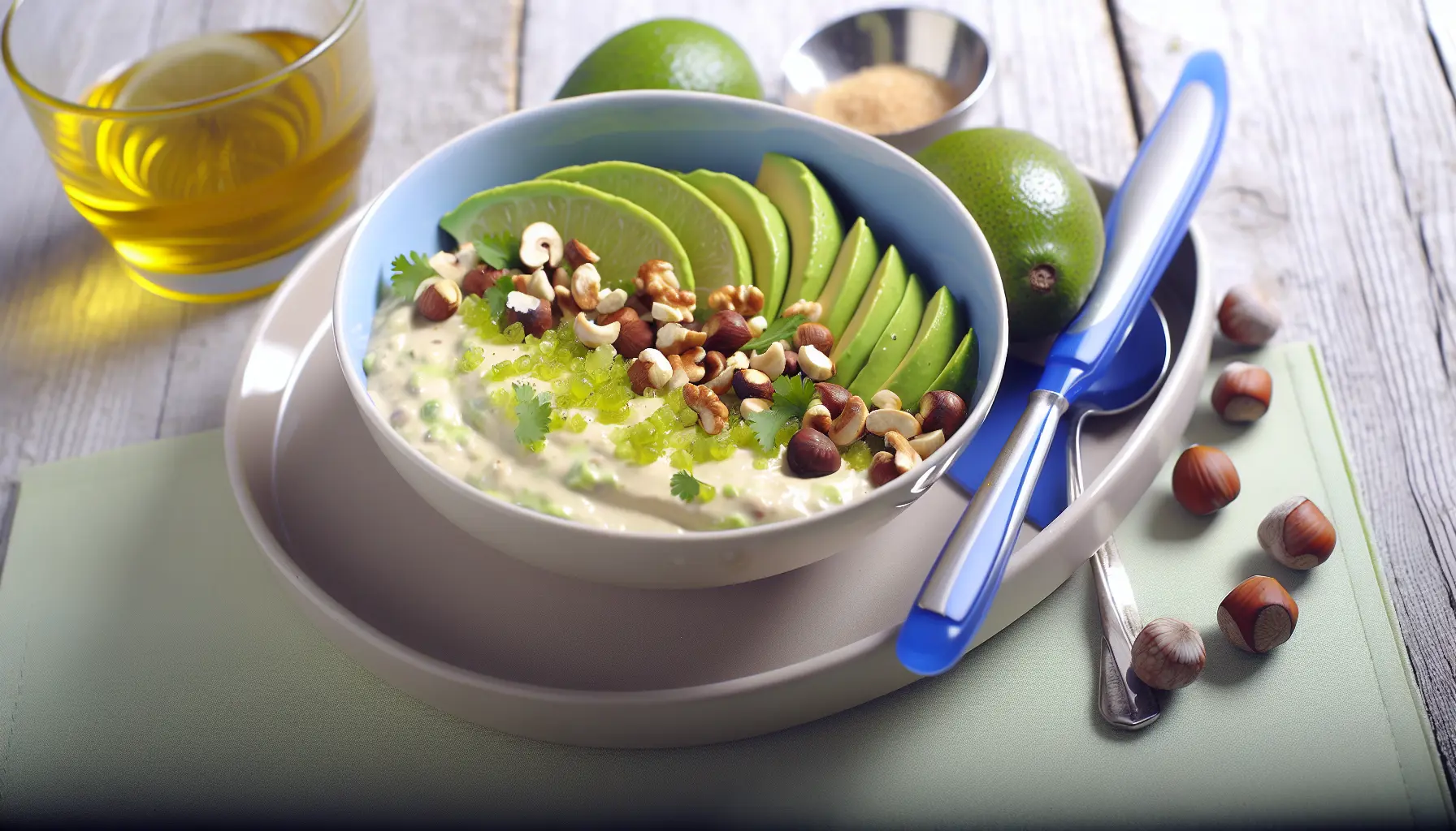 Blød avocadocreme med ristede hasselnødder og lime