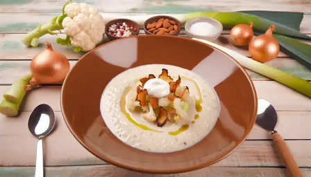 Blomkålssuppe med ristet porre og mandelcreme