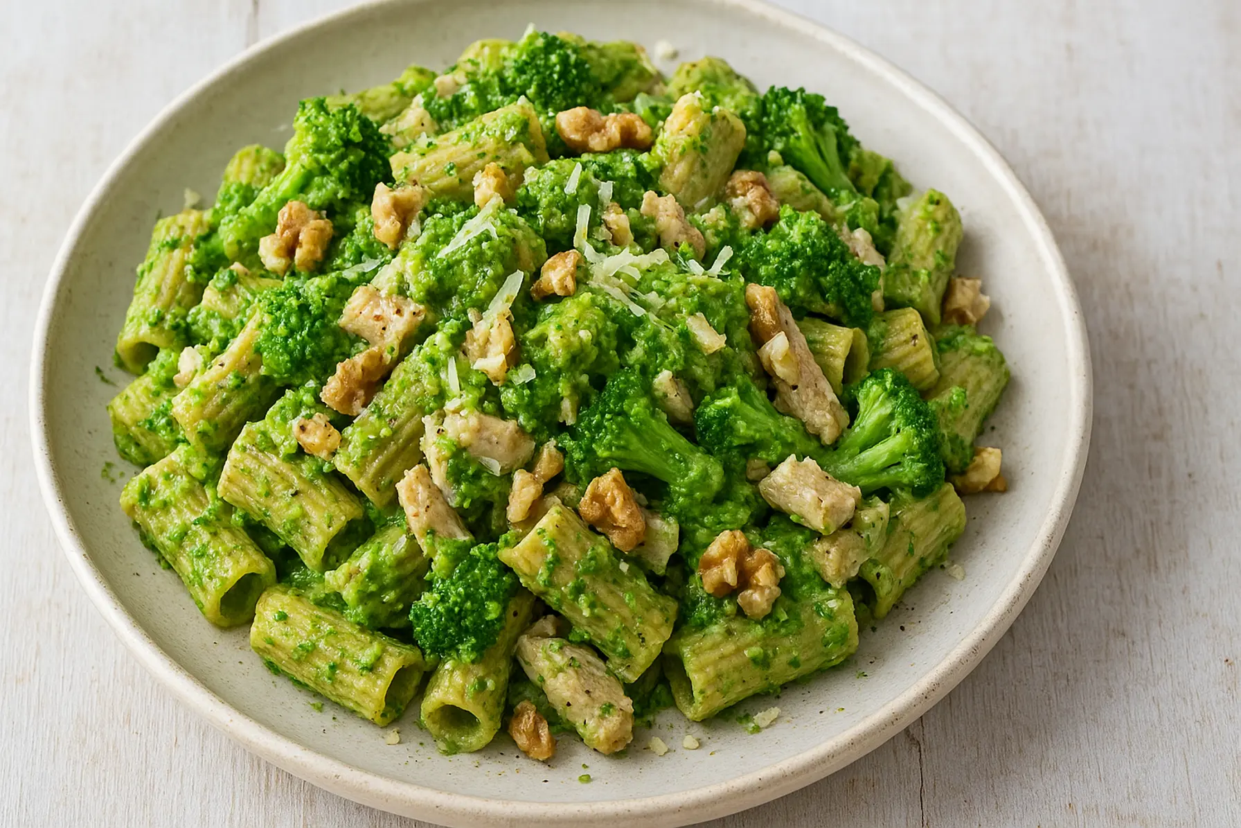 Cremet fuldkornspasta med kalkun og broccolipesto