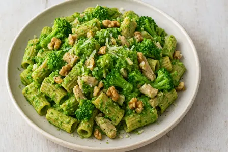 Cremet fuldkornspasta med kalkun og broccolipesto