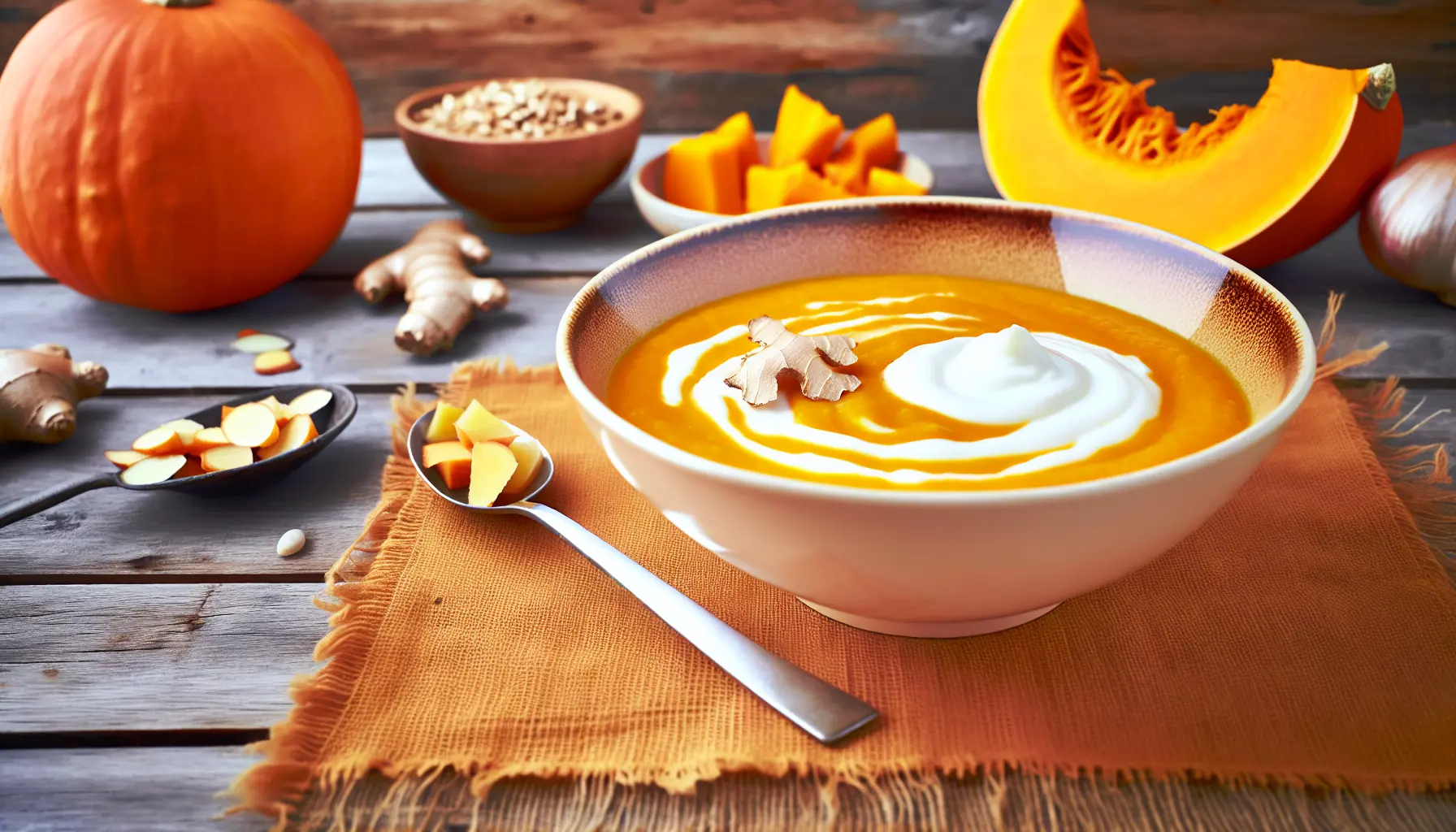 Cremet græskarsuppe med ingefær og græsk yoghurt