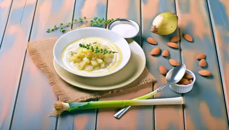 Cremet jordskokkesuppe med porre og mandelcreme
