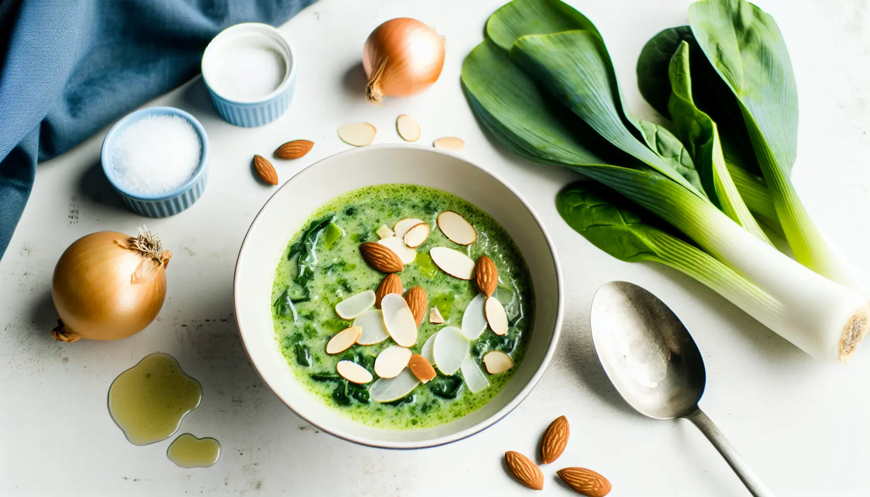 Cremet porresuppe med spinat og mandler