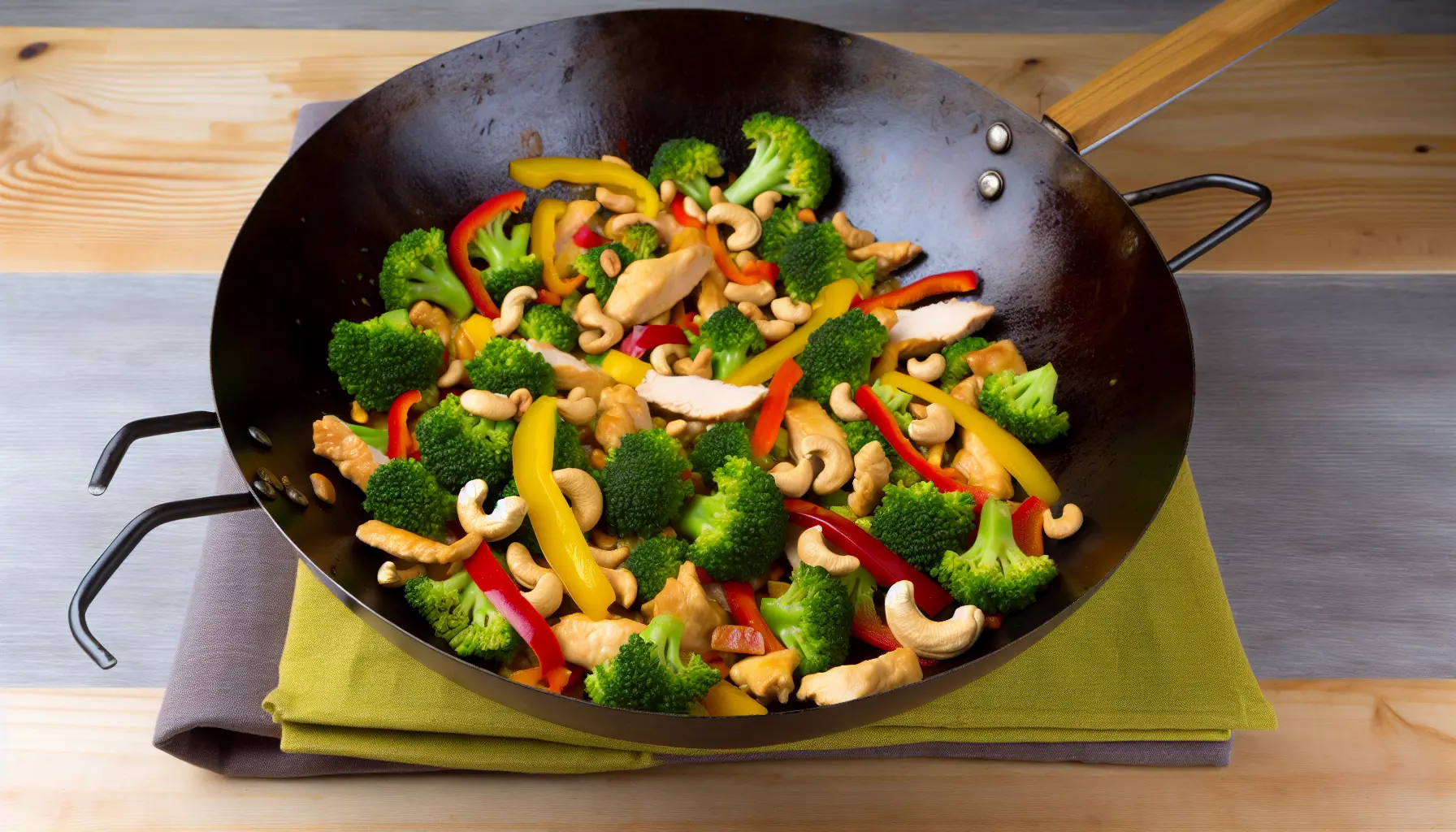 Farverig kyllingewok med broccoli og cashewnødder