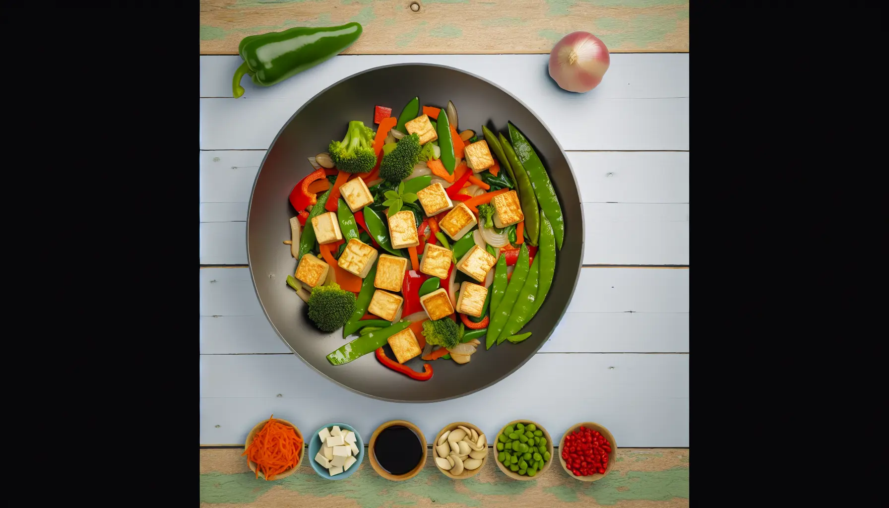Farverig wok med tofu og sprøde grøntsager