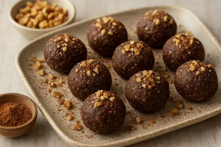 Fiberrige havrekugler med kakao, valnødder og chiafrø