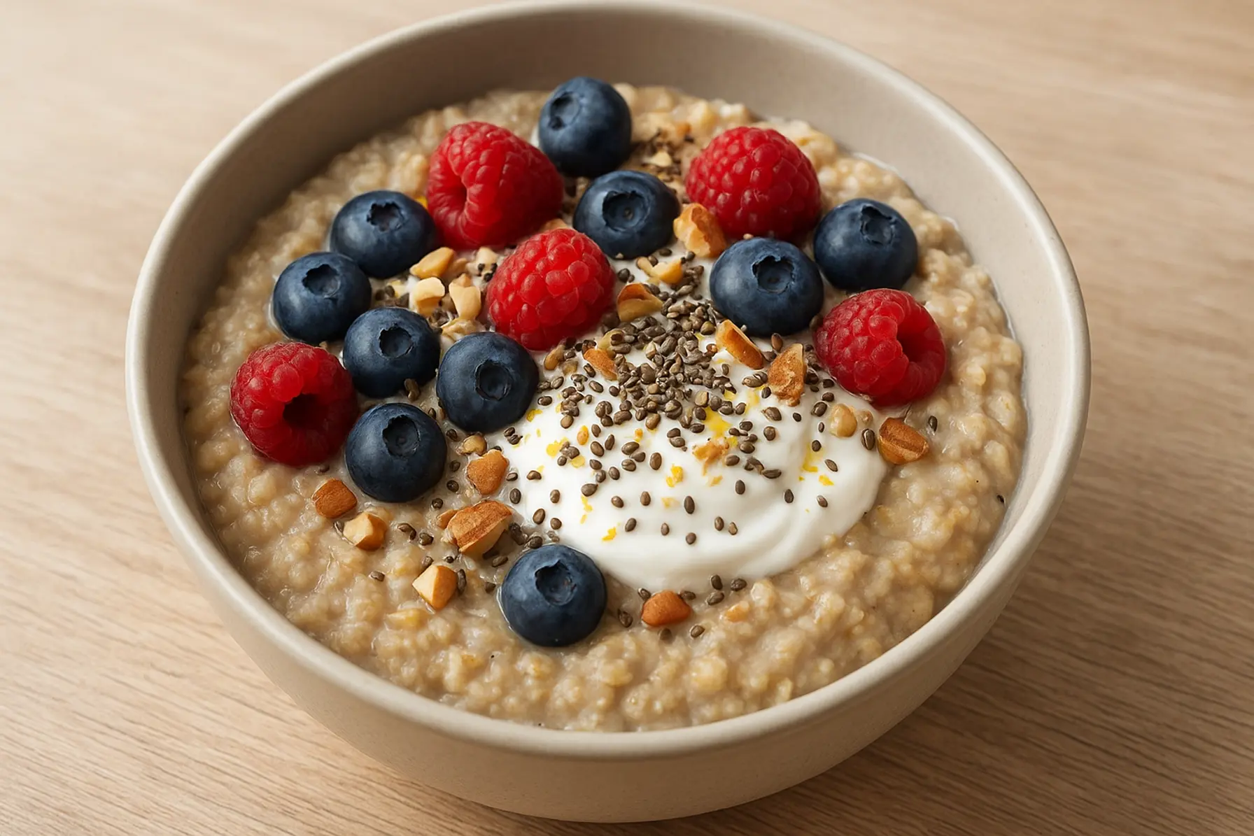 Fuldkornshavregrød med skyr, chia og bær