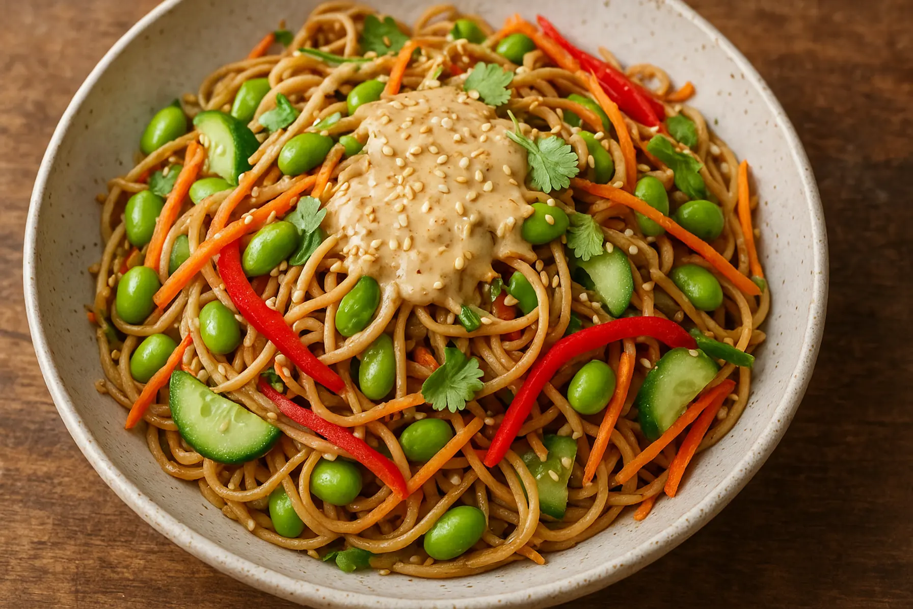 Fuldkornsnudelsalat med edamame og sesamdressing