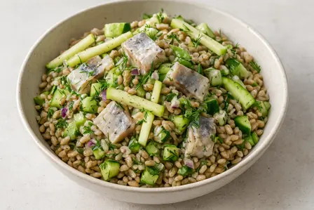 Fuldkornssalat med marineret sild, rugkerner og syrligt æble