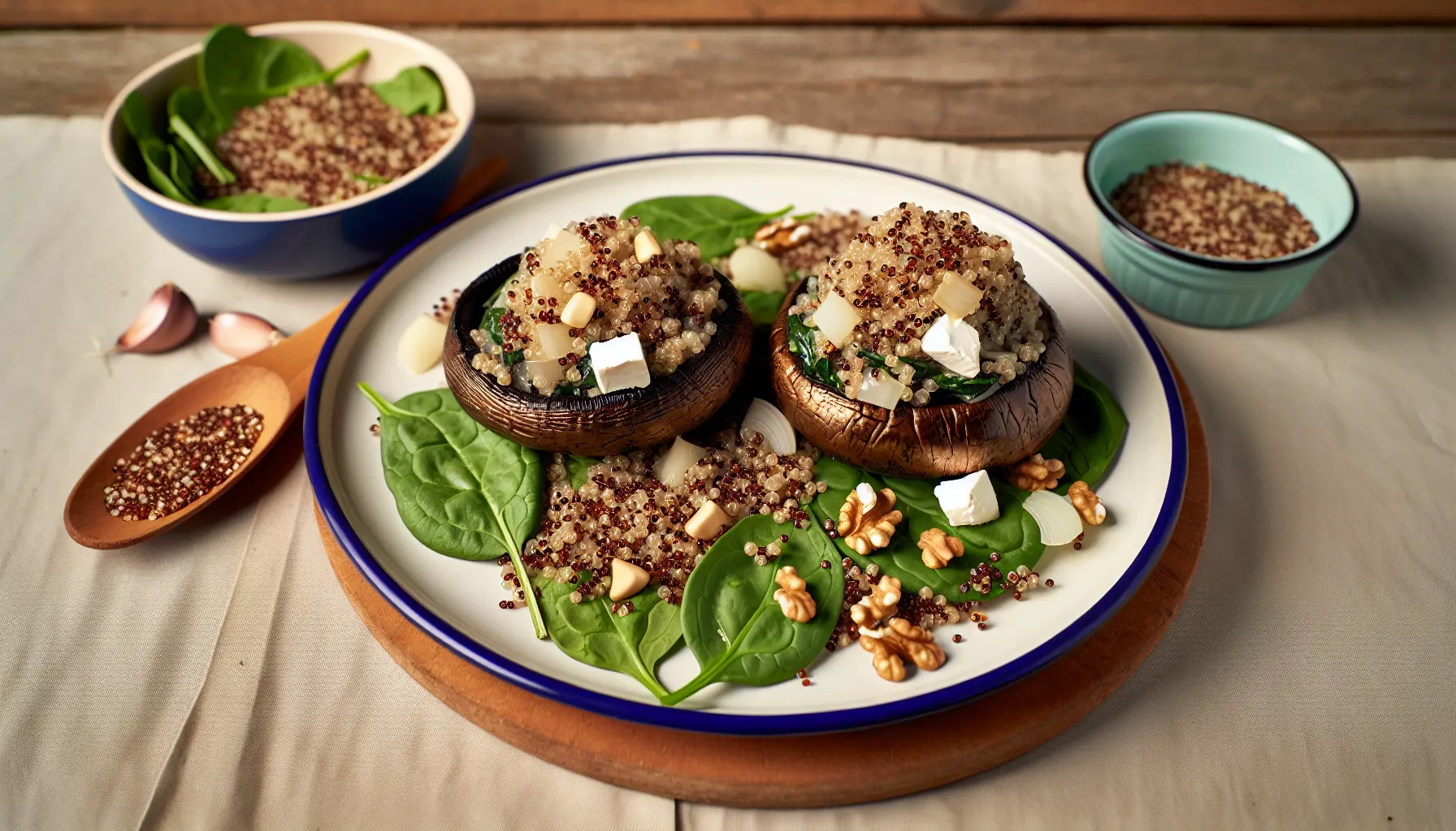 Fyldte portobellosvampe med quinoa og spinat