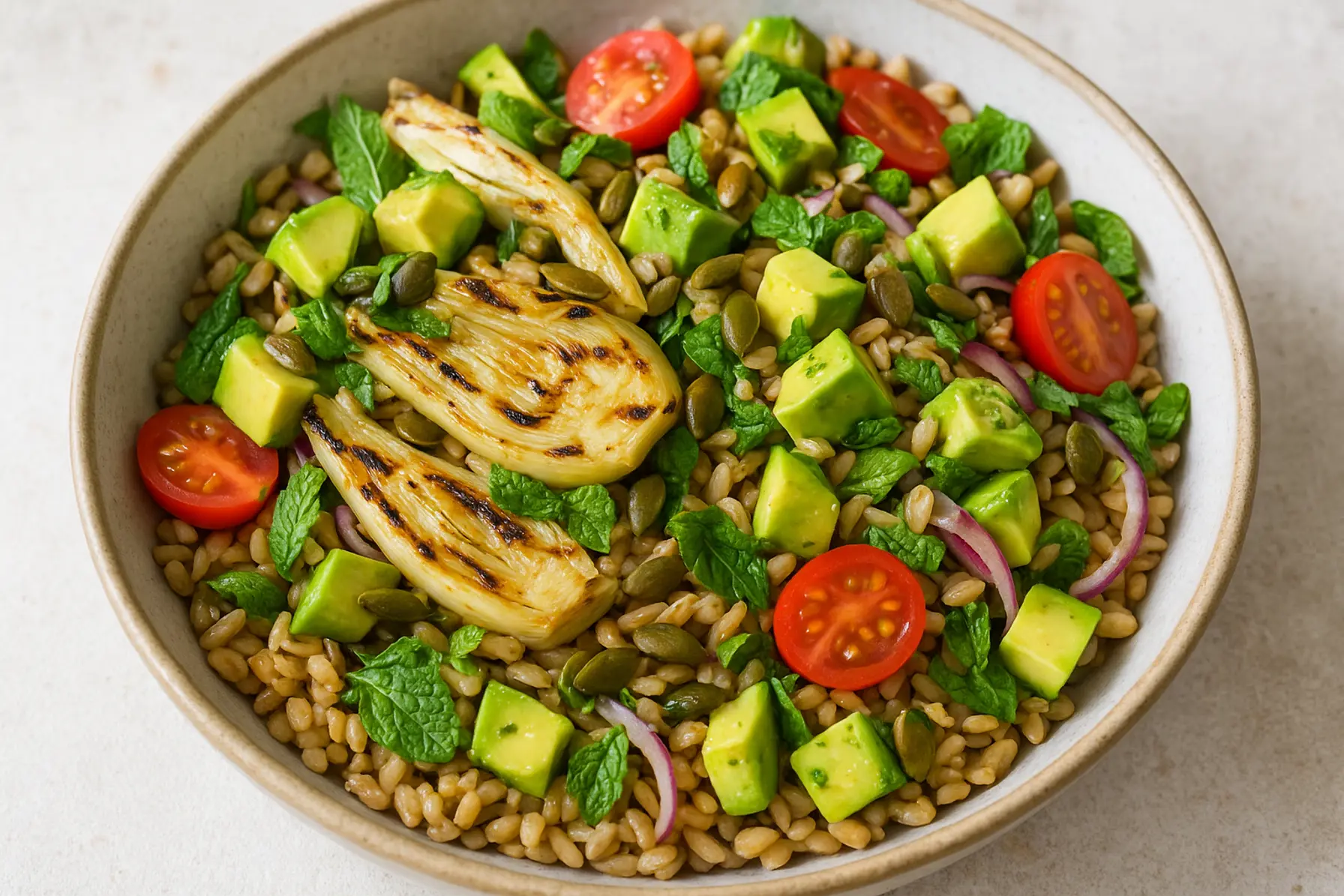 Grillet fennikelsalat med fuldkornsbyg, avocado og mynte