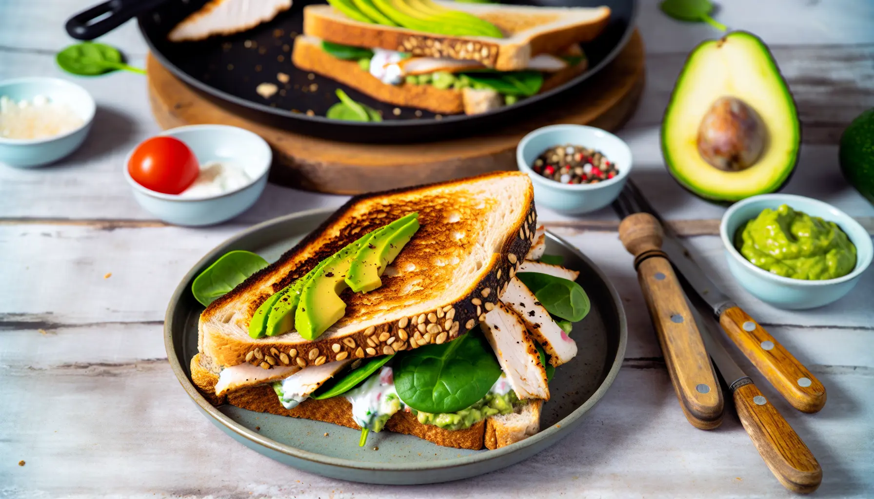 Grillet fuldkornssandwich med kylling og avocadocreme