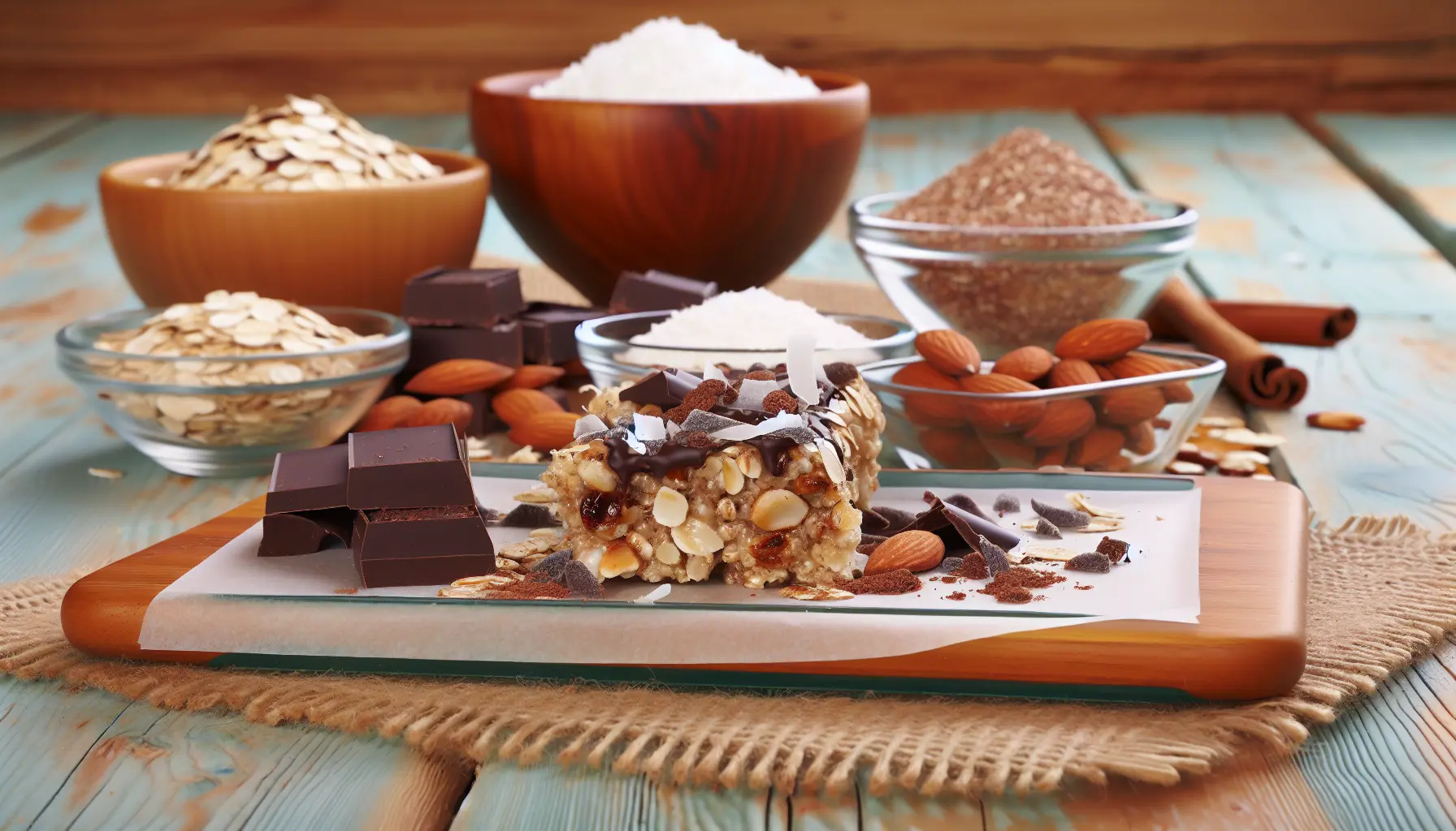 Kokos- og havrebarer med mørk chokolade