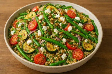 Kold fuldkornssalat med squash, grønne bønner og feta