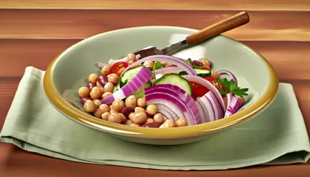 Kold kikærtesalat med rå rødløg og bønner