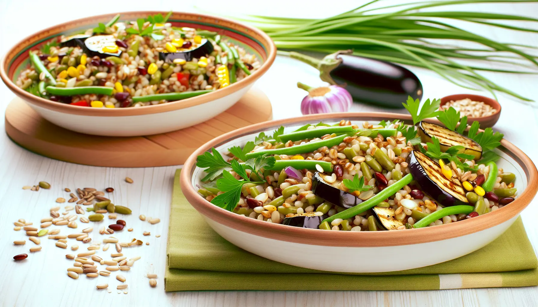Kornsalat med grillet aubergine og grønne bønner