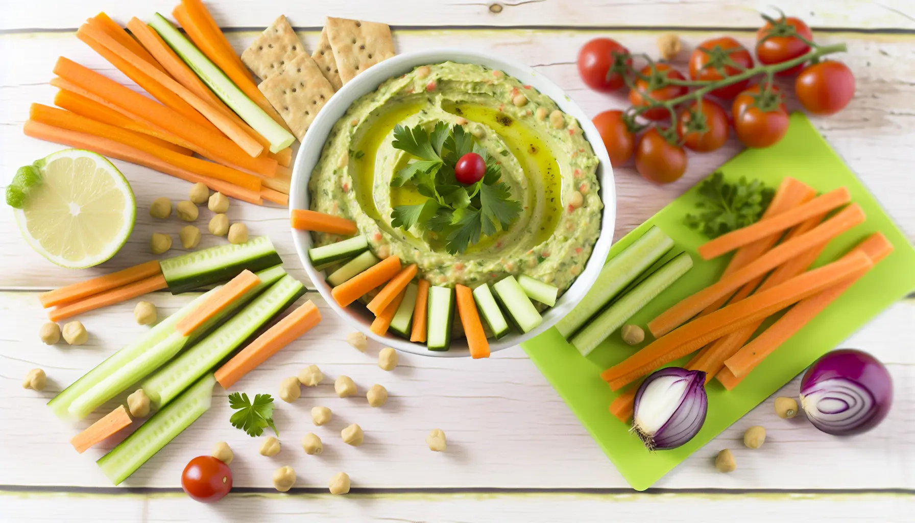 Krydderurtehummus med knasende grøntsagsstænger