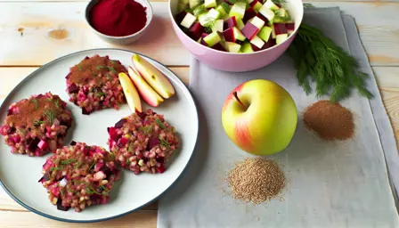 Krydrede rødbede- og bygfrikadeller med æble- og dildsalat