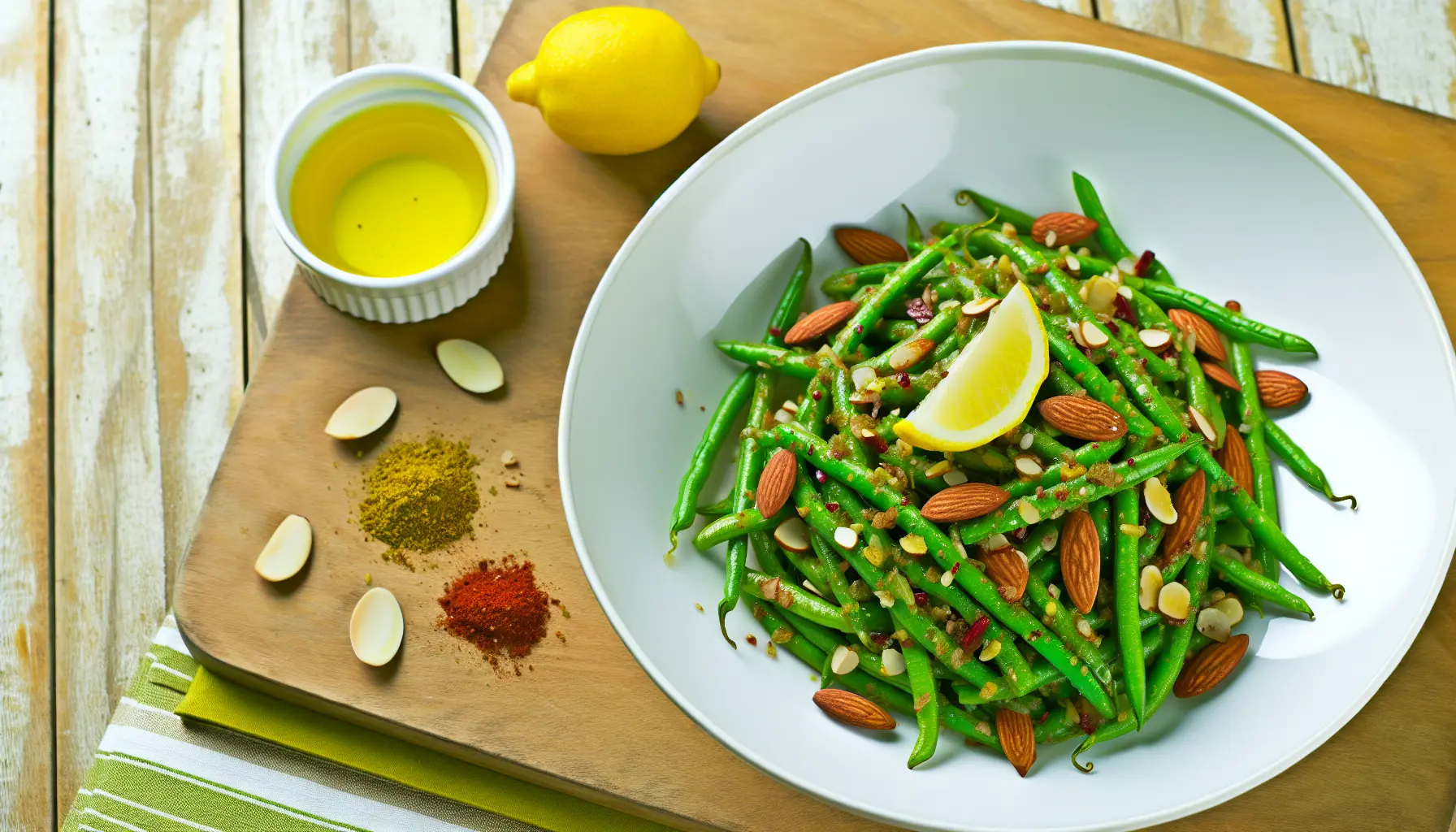 Krydret grøn bønnesalat med ristede mandler og citronvinaigrette