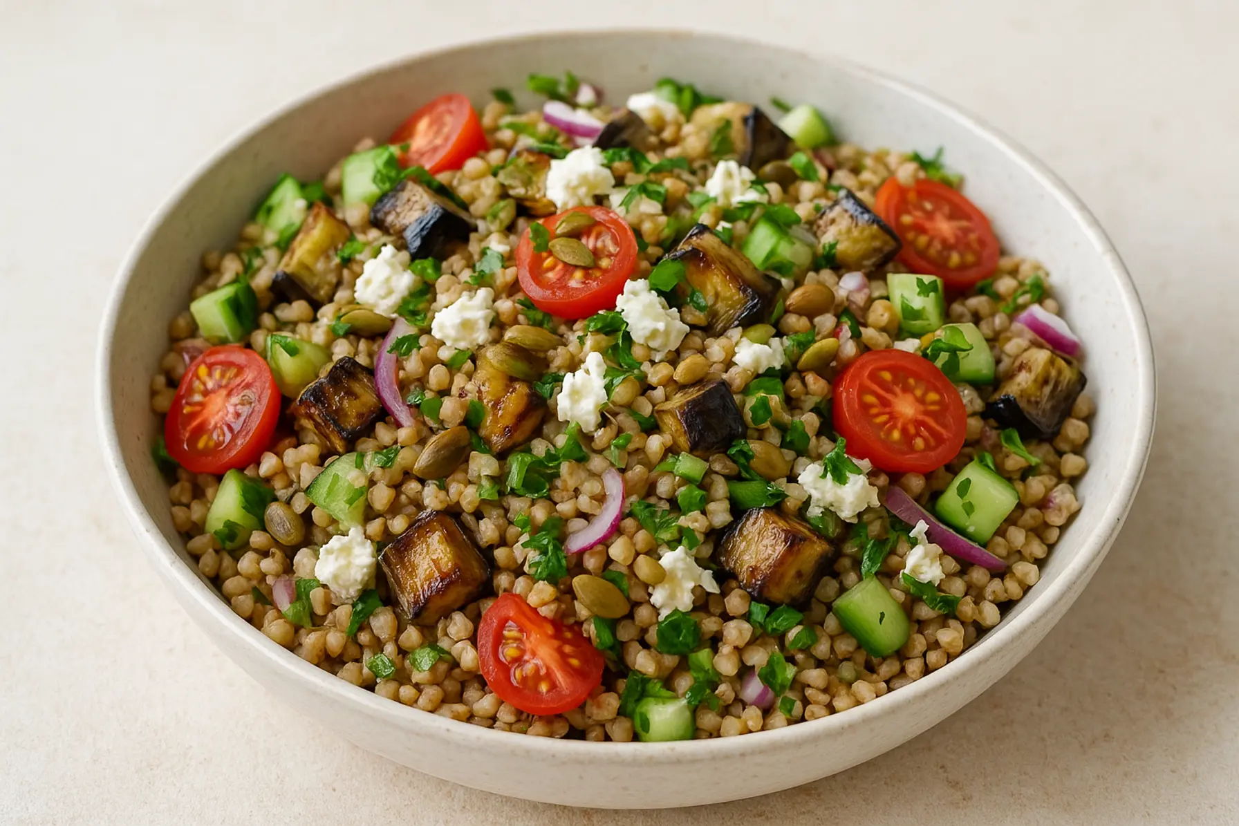 Lavglykæmisk boghvedesalat med aubergine og feta
