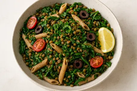 Lavglykæmisk fuldkornspasta med linser, spinat og oliven