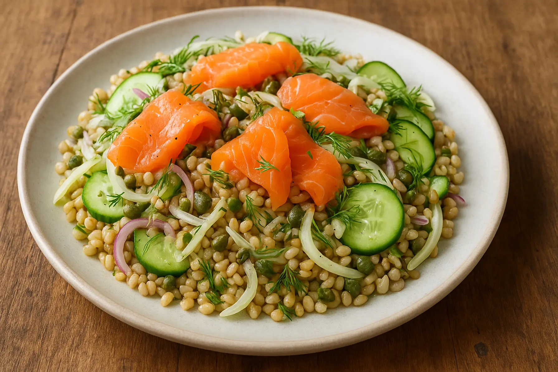 Lavglykæmisk perlebygsalat med koldrøget laks og fennikel