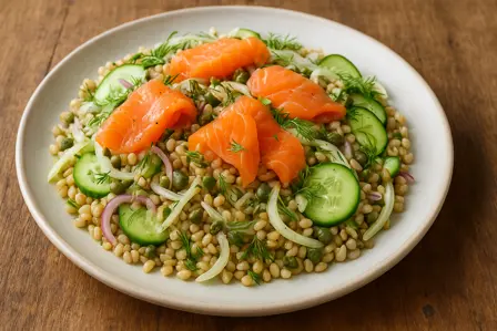 Lavglykæmisk perlebygsalat med koldrøget laks og fennikel