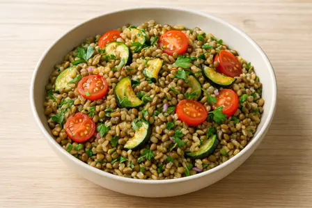 Linsesalat med fuldkornsbulgur, squash og tomat