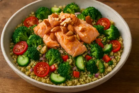 Lun laksesalat med fuldkornscouscous og broccoli