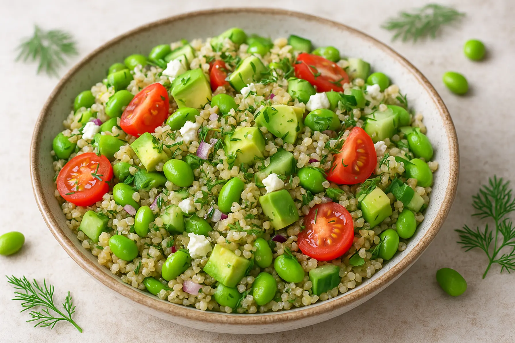 Mættende quinoa- og edamamesalat med avocado og dild