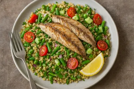Makrel med fuldkornsbulgur og grøntsager
