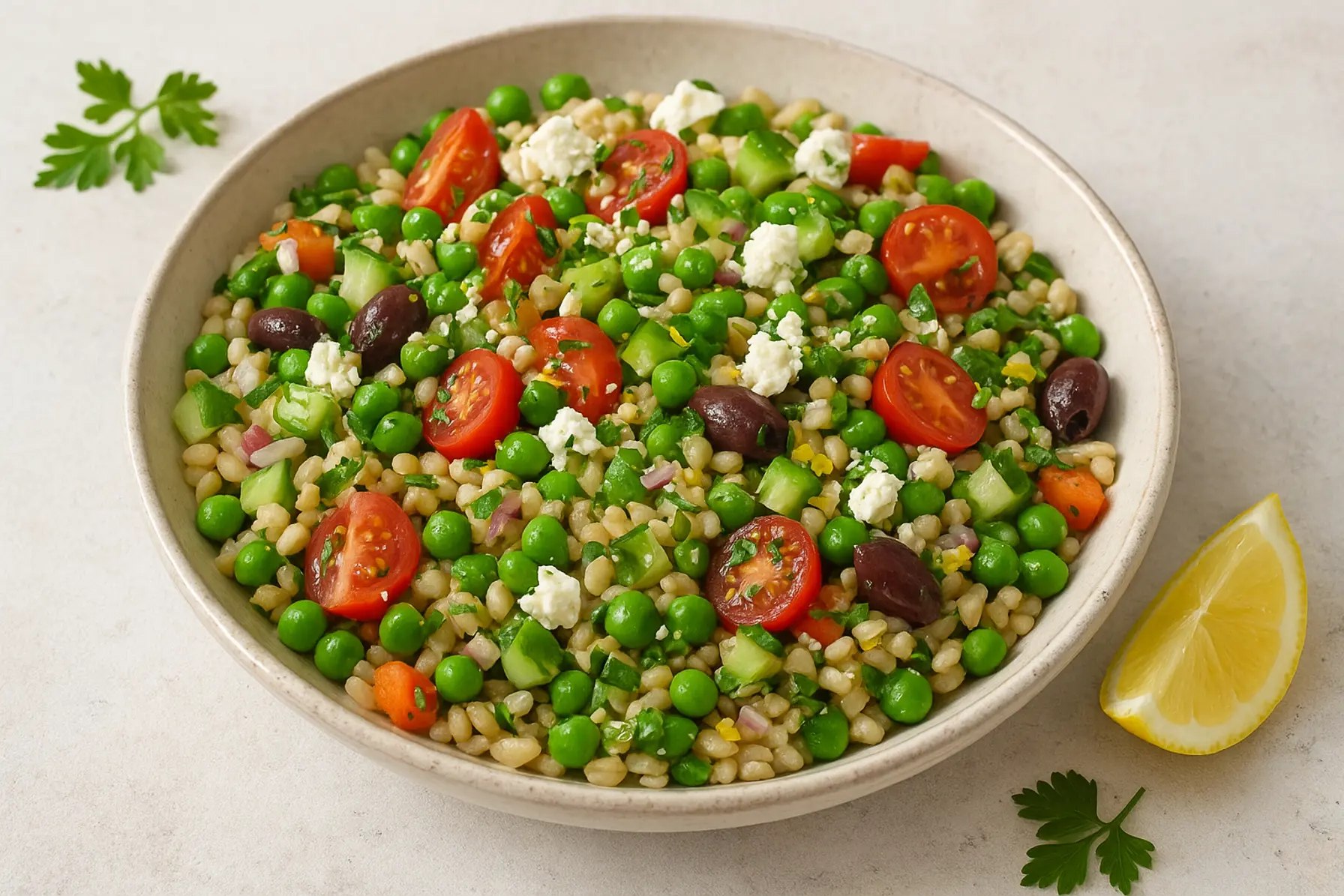 Middelhavs byg- og ærtesalat med feta og citron