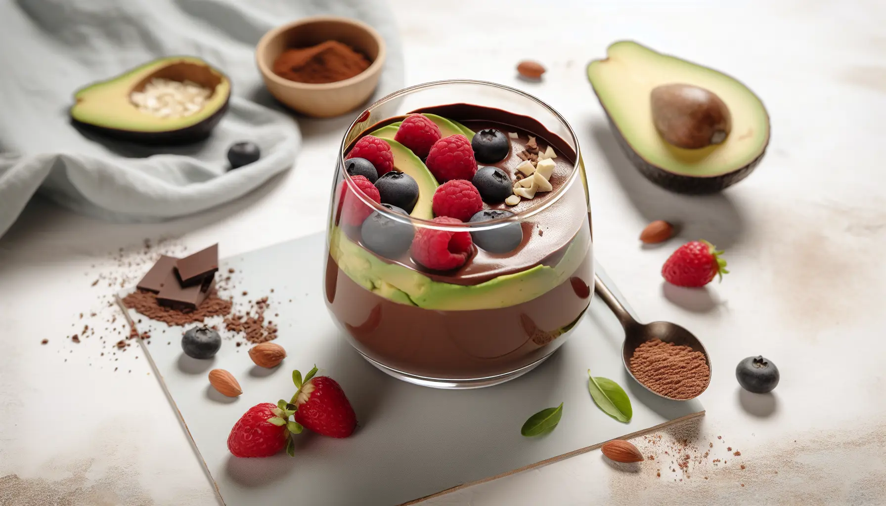 Mørk chokolade- og avocadodessert med bær