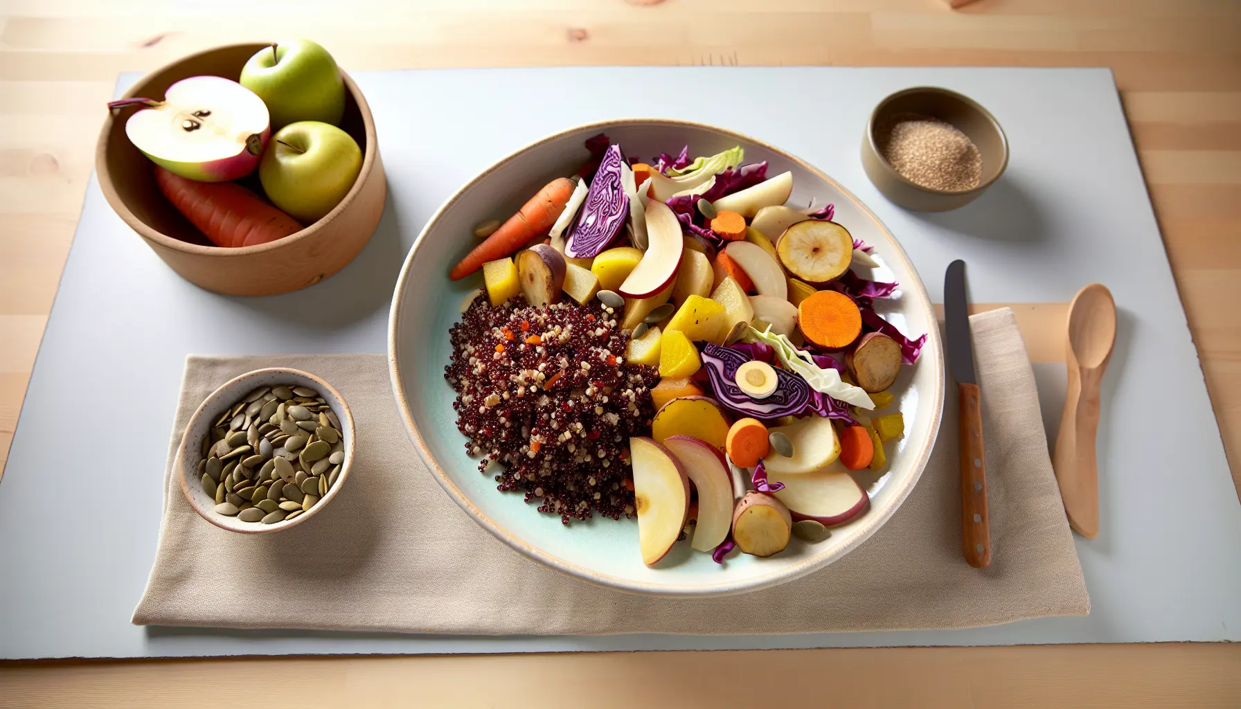 Mørk quinoa med bagte rodfrugter og spidskålssalat
