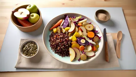 Mørk quinoa med bagte rodfrugter og spidskålssalat
