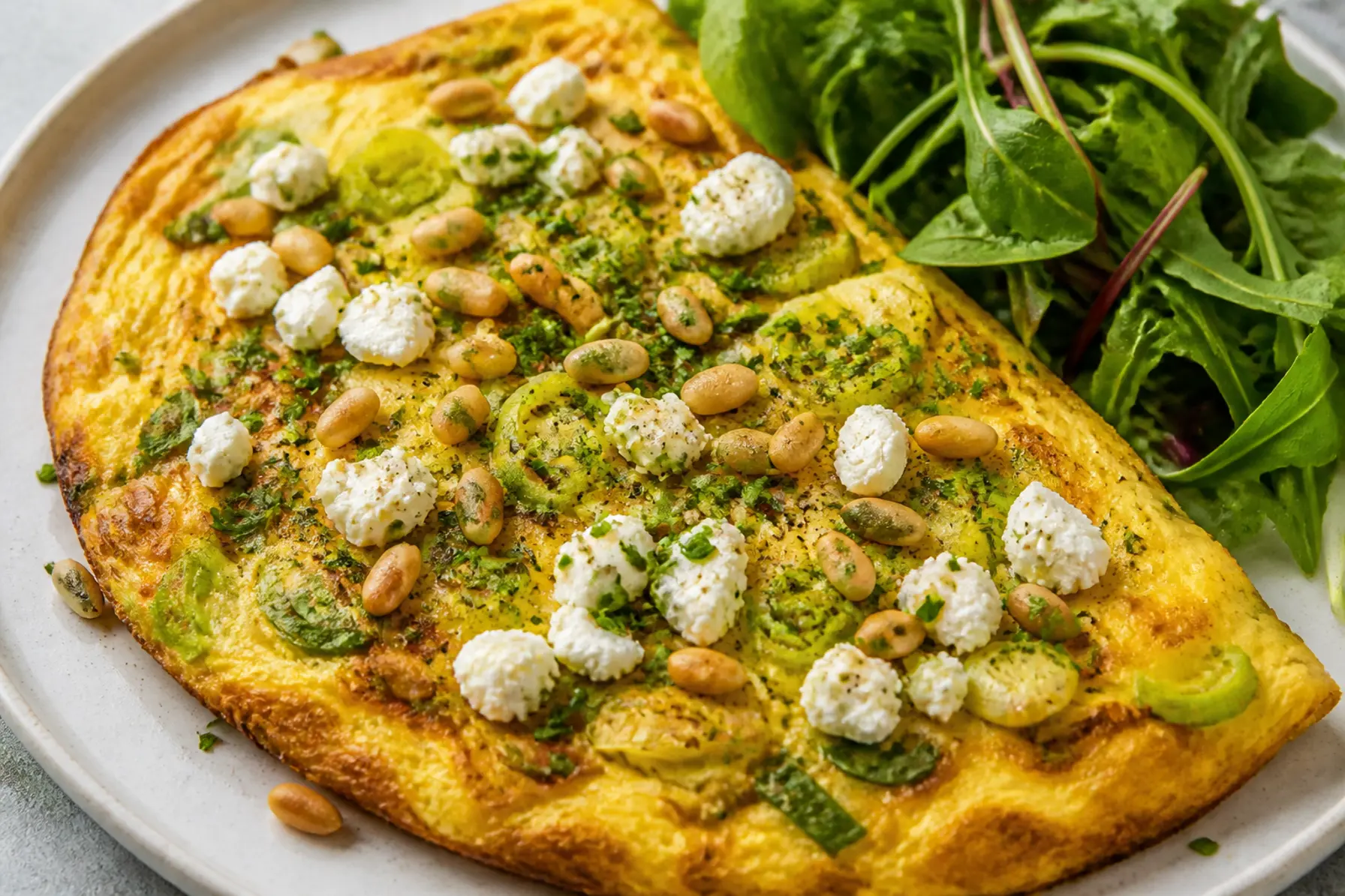 Omelet med porre, gedeost og pinjekerner