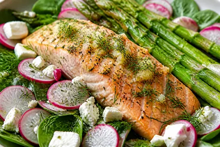 Ovnbagt laks med asparges, radiser og feta
