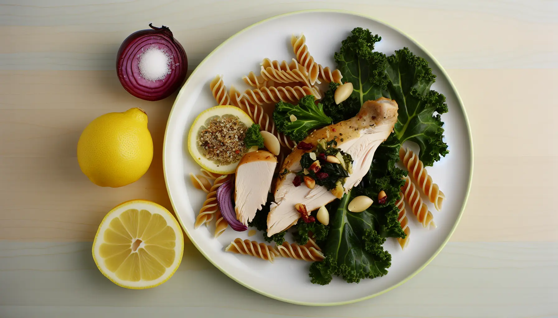 Ovnstegt kylling med grønkål og fuldkornspasta