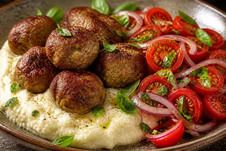 Saftige kødboller med blomkålsmos og tomatsalat