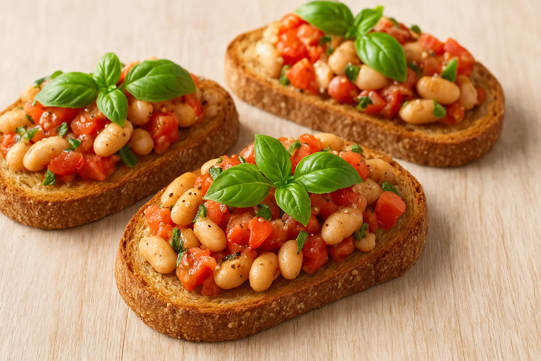 Sprød fuldkornsbruschetta med hvide bønner, tomat og basilikum